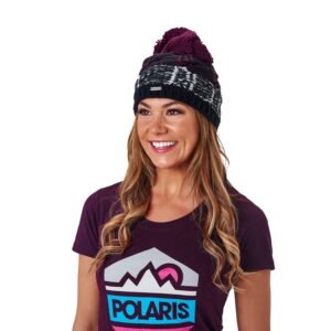 Women's Cable Beanie with Pom Pom, Black/Purple